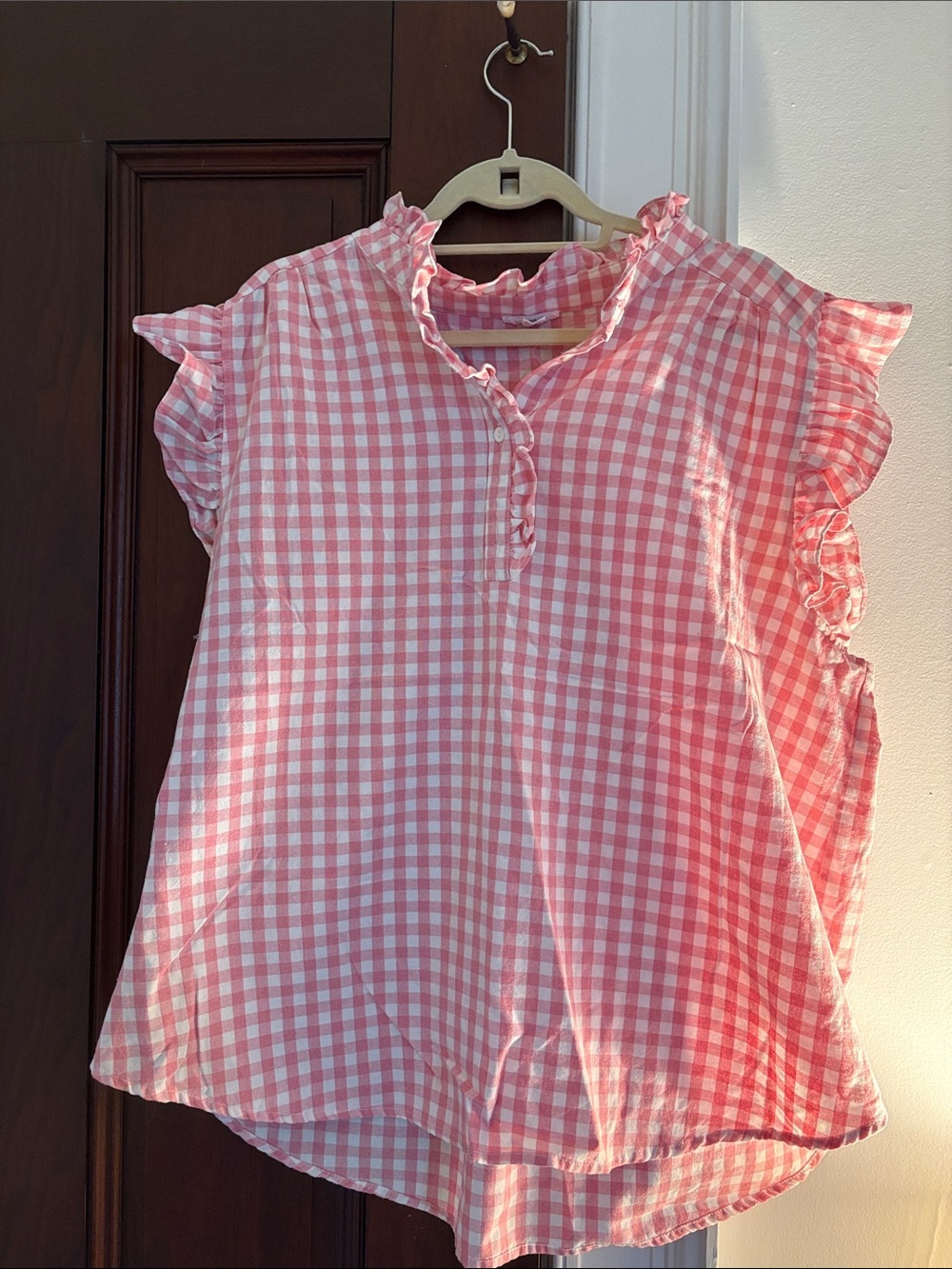 Women's Pink Gingham Ruffle-Trim Blouse